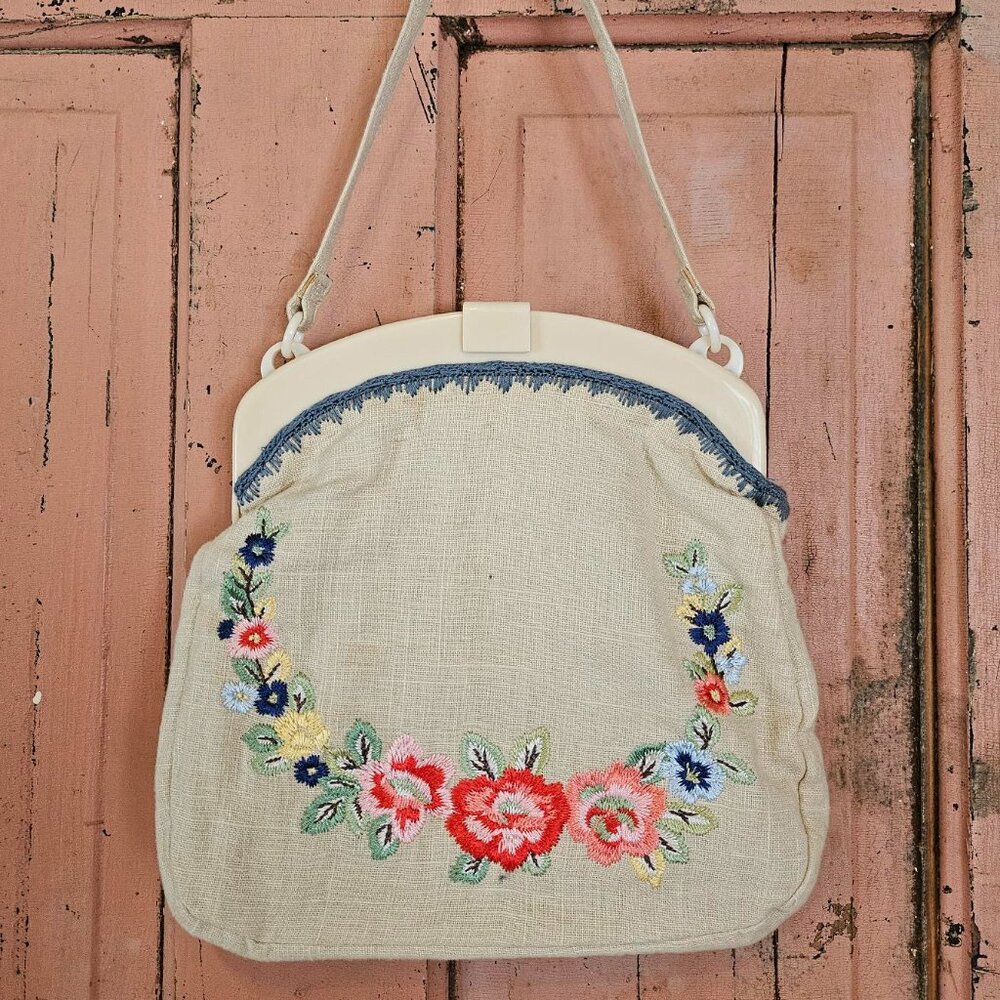 Cath Kidston Floral Embroidered Linen Handbag Purse